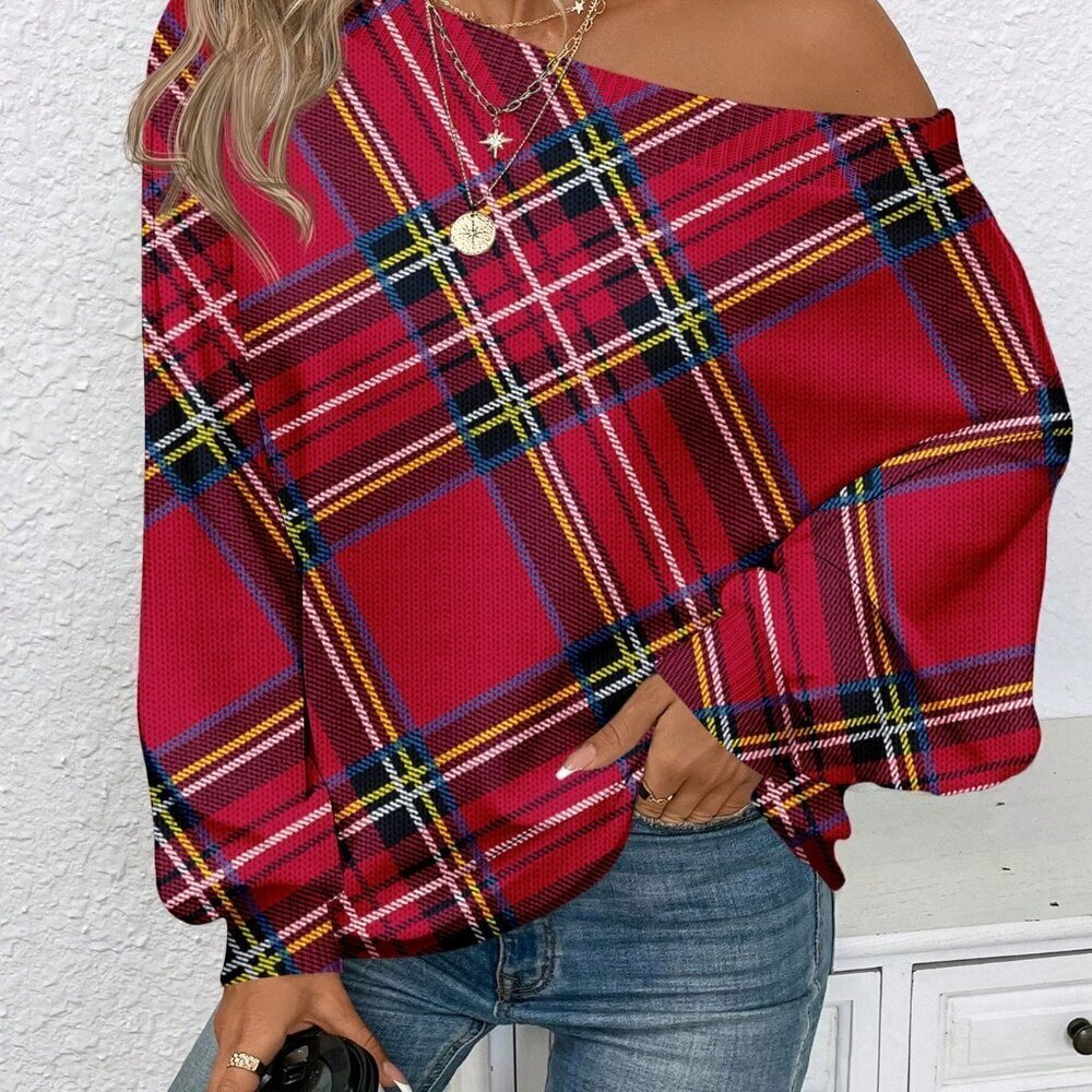 Multicolor Casual Women's Off Shoulder England Print Plaid Sweater